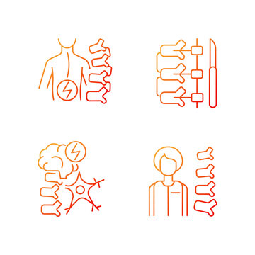 Spinal Column Disorders Gradient Linear Vector Icons Set. Scoliosis. Neuromuscular Disability. Orthopedic Doctor. Thin Line Contour Symbols Bundle. Isolated Outline Illustrations Collection