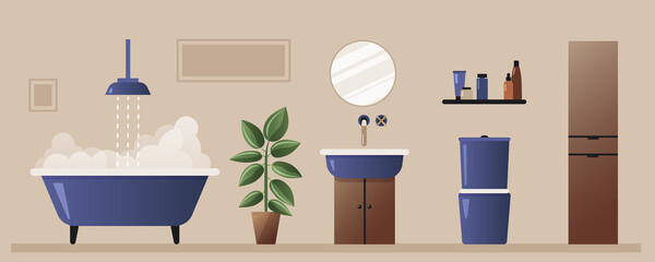 Modern bathroom with bath, sink, toilet, furniture, plant.