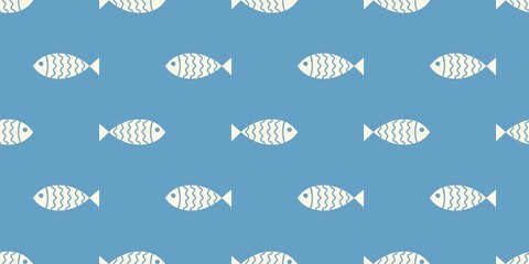 Nautical seamless pattern with swimming cartoon fish
