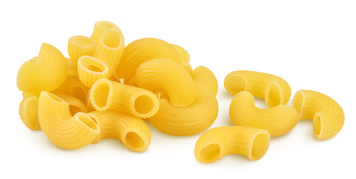 raw macaroni pasta isolated on white background with clipping path and full depth of field