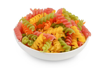 raw Fusilli in ceramic bowl colored pasta, isolated on white background with clipping path and full depth of field