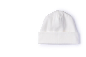 White beanie hat isolated on white background. Top view of trendy youth headwear with copy space