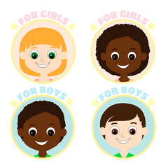 Set for the African or African American children gender icons. Boys and girls are depicted in a blue and pink circle and written for boys and girls.