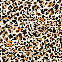 Abstract Hand Drawing Leopard Cheetah Jaguar Animal Skin with Stains Splatters Pebbles Seamless Vector Pattern Isolated Background 