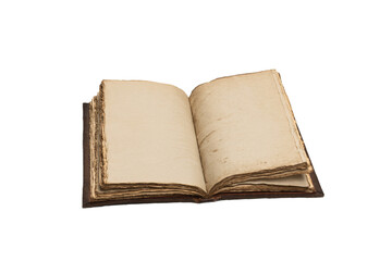 An open empty old notebook isolated on a white background.