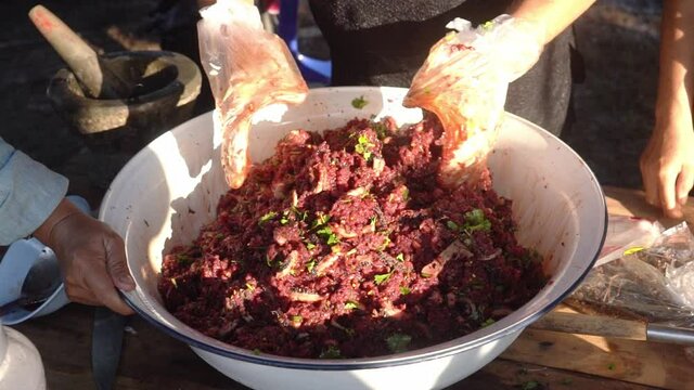 cooking of Spicy minced beef or Raw beef salad or Larb Thai food in the northern of Thailand