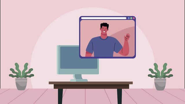 video conference animation with man in desktop