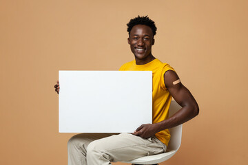 Immunization Ad. Vaccinated Black Guy With Plaster On Shoulder Holding Blank Placard
