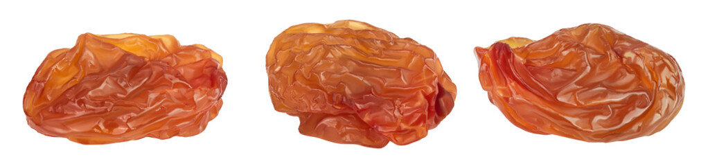 Black, yellow and brown raisins isolated on white background. Top view. Flat lay. Set or collection