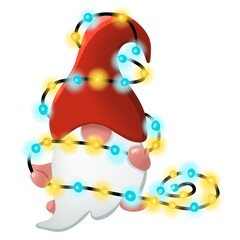 Gnome in a red hat holds a luminous garland isolated on white background. hand drawn illustration.
