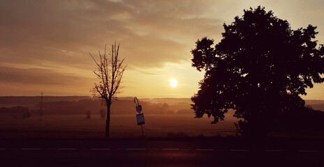 A scenic landscape view of a beautiful sunrise at the bus stop. A landscape in beautiful colors of sunrise.