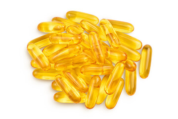 Fish oil capsules isolated on white background with clipping path and full depth of field. Top view. Flat lay
