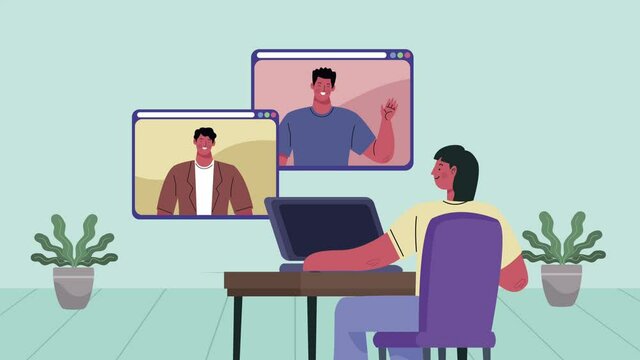 video conference animation with friends in laptop