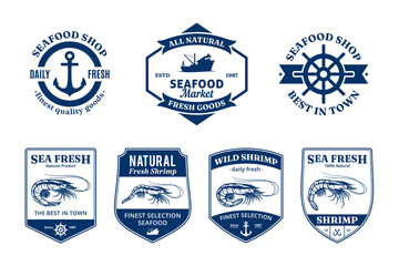 Vector shrimp label, seafood logo and prawn illustrations