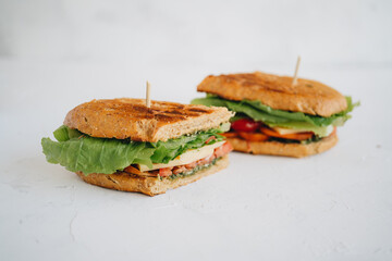 Panini with cheese, tomatoes and pesto sauce at white background
