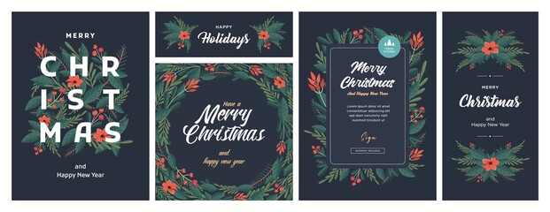 Set of Christmas and Happy New Year Floral Card templates. Trendy retro style. Vector design element.