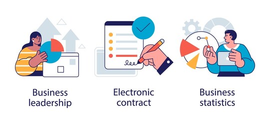 Business icons set. Market success, digital paperwork, corporate research. Business leadership, electronic contract, business statistics metaphors