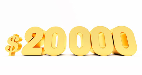 3d render of golden $20000 Dollar isolated on white background, gold twenty thousand dollar