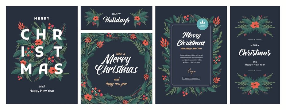 Set of Christmas and Happy New Year Floral Card templates. Trendy retro style. Vector design element.