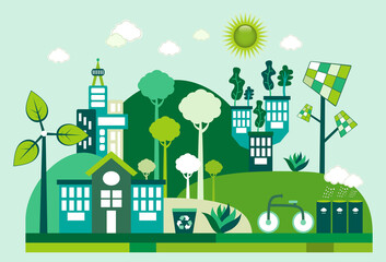 Green Eco City living concept. Solar panels and wind farm generate clean energy. Green transport such as bicycle is used. Rain water tanks collecting rain water.