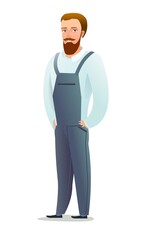 Man in overalls. Service guy. Handyman, locksmith or repairman. Cheerful person. Standing pose. Cartoon comic style flat design. Single character. Illustration isolated on white background. Vector