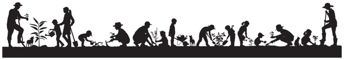 Group of man woman children planting tree vector silhouette collection