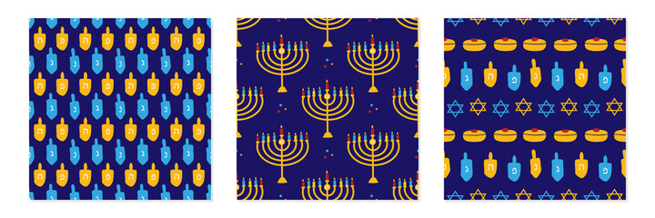 Fototapeta na wymiar Set, collection of three vector seamless pattern background for Hanukkah celebration design with menorah, dreidels, david stars and sufganiyot.