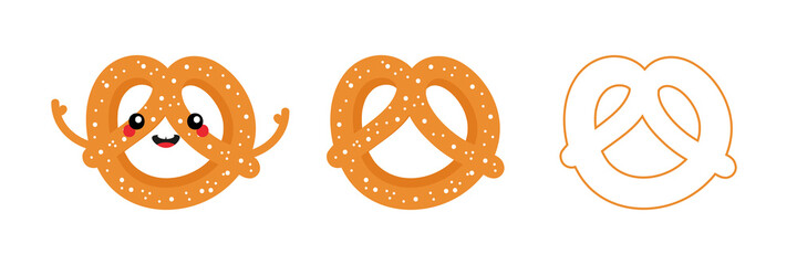 Set, collection of cute cartoon style pretzel, knot-shaped baked pastry character with pretzels icons, symbols for food design. - 469317738