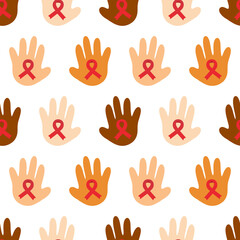 Cartoon style human hands, open palms with red ribbons vector seamless pattern background. World AIDS Day concept.
