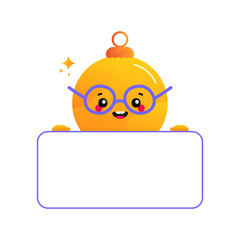 Cute happy cartoon style yellow christmas ornament, christmas ball character holding in hands blank card, banner.
