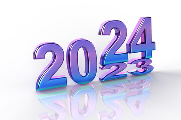 New Year's Eve. Shiny purple and blue lettering 2024on a white background.