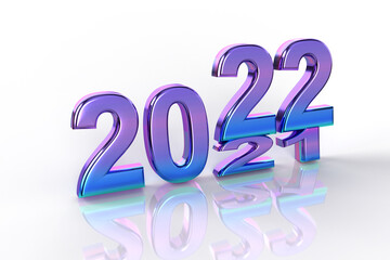 New Year's Eve. Shiny purple and blue lettering 2022 on a white background.
