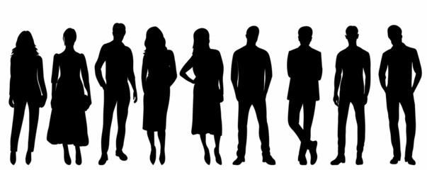 people stand, black silhouette vector, isolated, icon