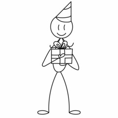 stick figure, man with gift vector, isolated