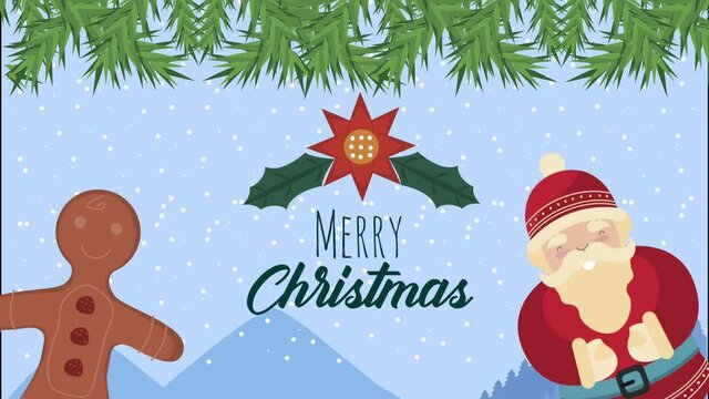 merry christmas lettering with cookie and santa animation