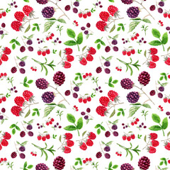 Watercolor seamless pattern with twigs, fruits and leaves of blackberries and raspberries