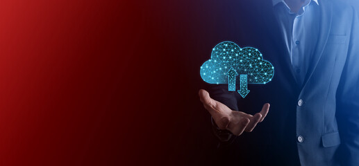 Cloud technology. Polygonal wireframe cloud storage sign with two arrows up and down on dark blue....