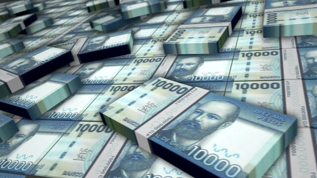 Chile Pesos banknote bundle loop. CLP money stacks. Concept of business, economy, banking and finance. Camera over cash packs. Loopable seamless 3d animation.