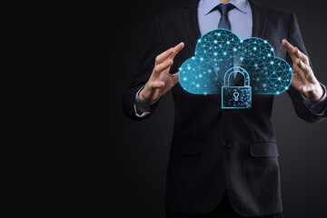 Cloud technology. Polygonal wireframe cloud storage sign with padlock on dark blue. Cloud...