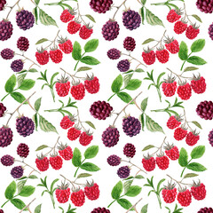 Watercolor seamless pattern with twigs, fruits and leaves of blackberries and raspberries