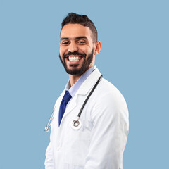 Portrait Of Happy Arabic Doctor Male On Blue Background, Square