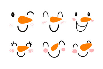 Doodle snowman faces set with happy smile and pink cheeks. New Year cartoon emoticon template set isolated on white background with editable stroke.