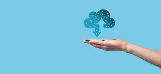 Man hold Cloud icon technology. Polygonal wireframe cloud storage sign with two arrows up and down....