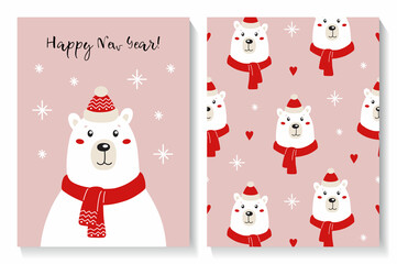 Set of winter card and seamless pattern with cute bear with hat and scarf. Happy New Year card.