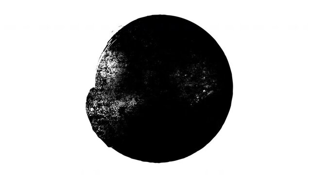 Abstract grunge dirty monochrome circle shape on white background. Scratched damaged dynamic element in trendy vintage stop motion style. Seamless loop animation for design banner, stamp.