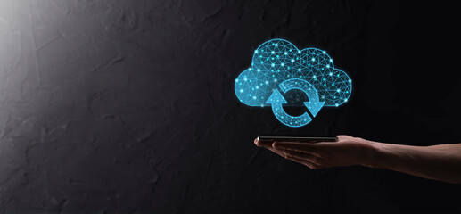 Cloud technology. Polygonal wireframe cloud storage sign with two arrows up and down on dark blue....