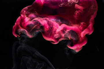 Pink smoke on black ink background, colorful fog, abstract swirling touch ocean sea, acrylic paint pigment underwater