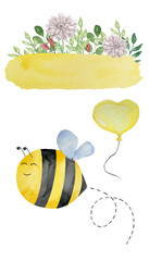 Set of watercolor cute bees with flight path, honey, summer theme. Honey design for baby.