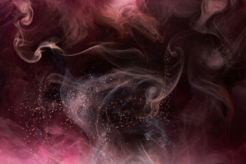 Pink smoke on black ink background, colorful fog, abstract swirling touch ocean sea, acrylic paint pigment underwater