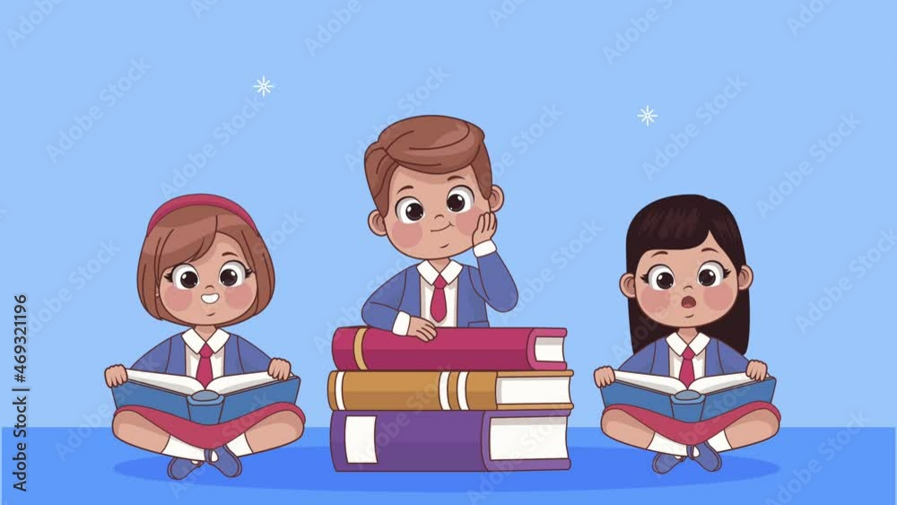 Canvas Prints three students kids reading books animation